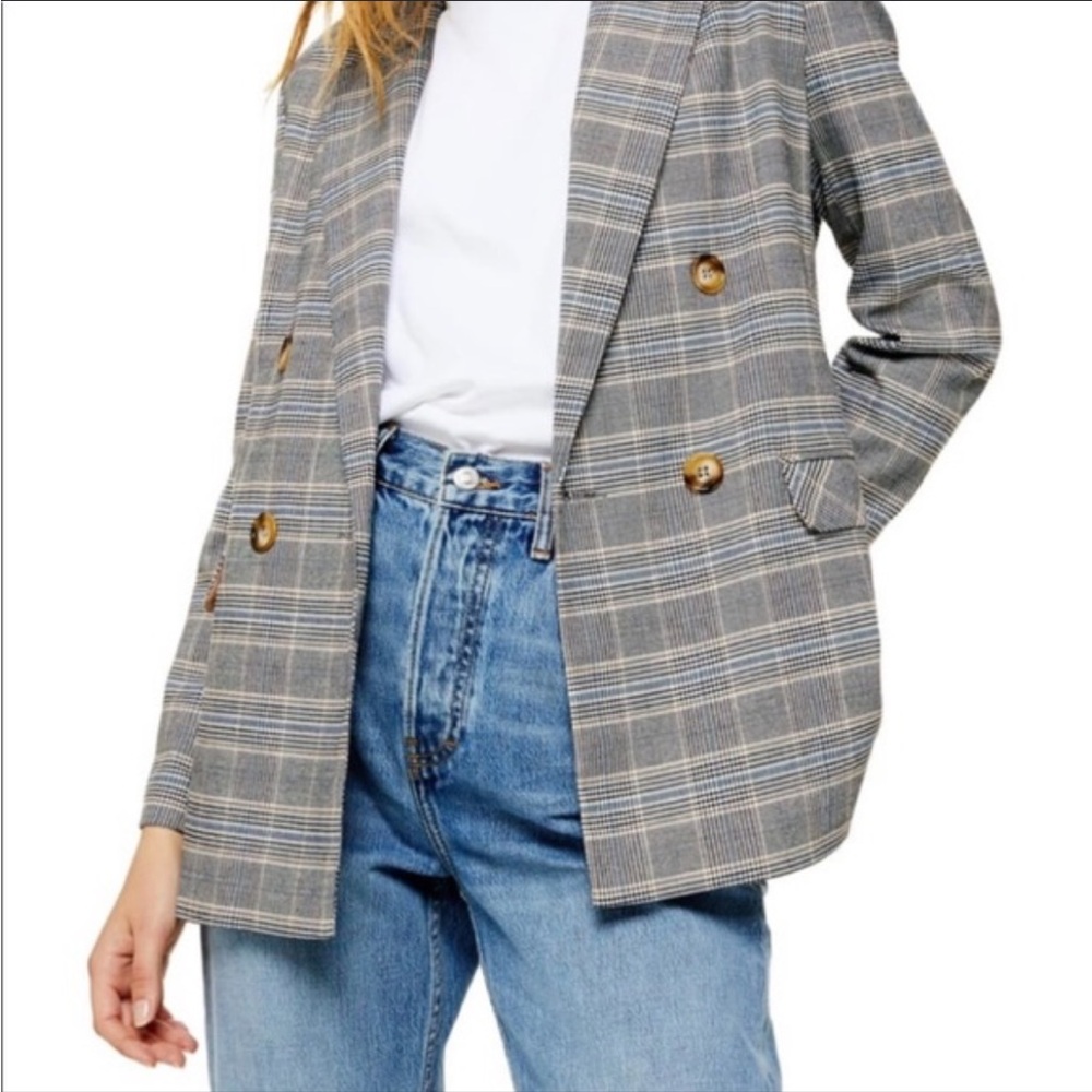 Topshop Plaid Double-Breasted Blazer in Gray and Tan